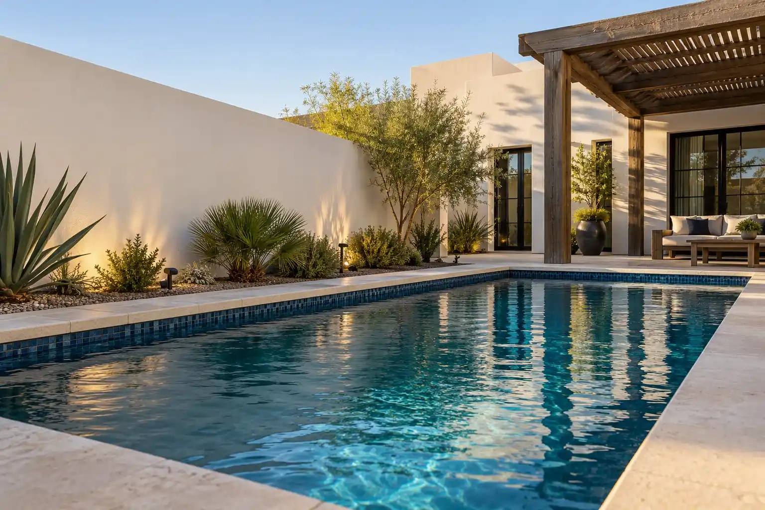 Rectangular pool with a blue waterline tile band in a walled modern courtyard with a wood pergola