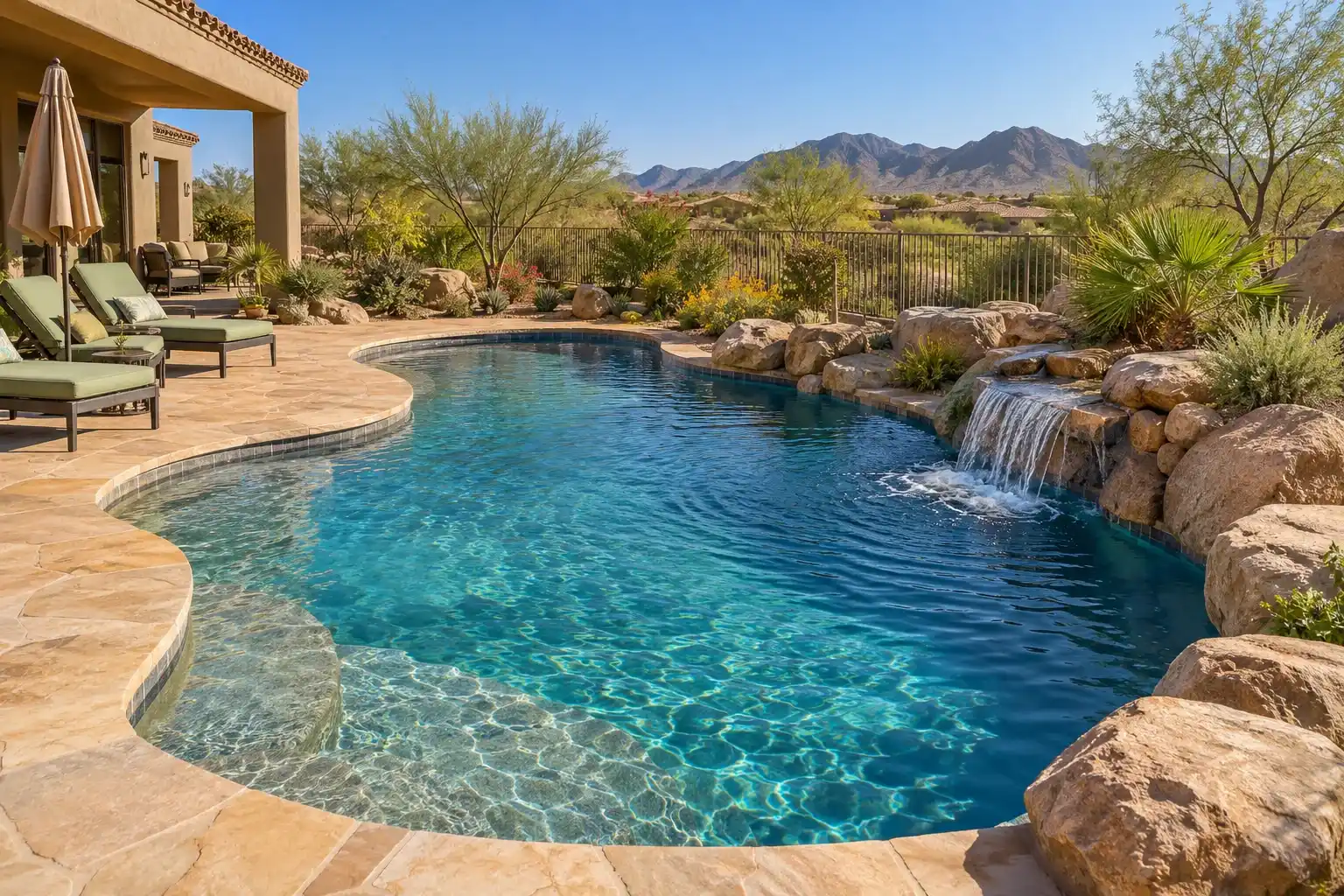 Freeform pool with a boulder waterfall, flagstone edges and lounge chairs in a desert yard
