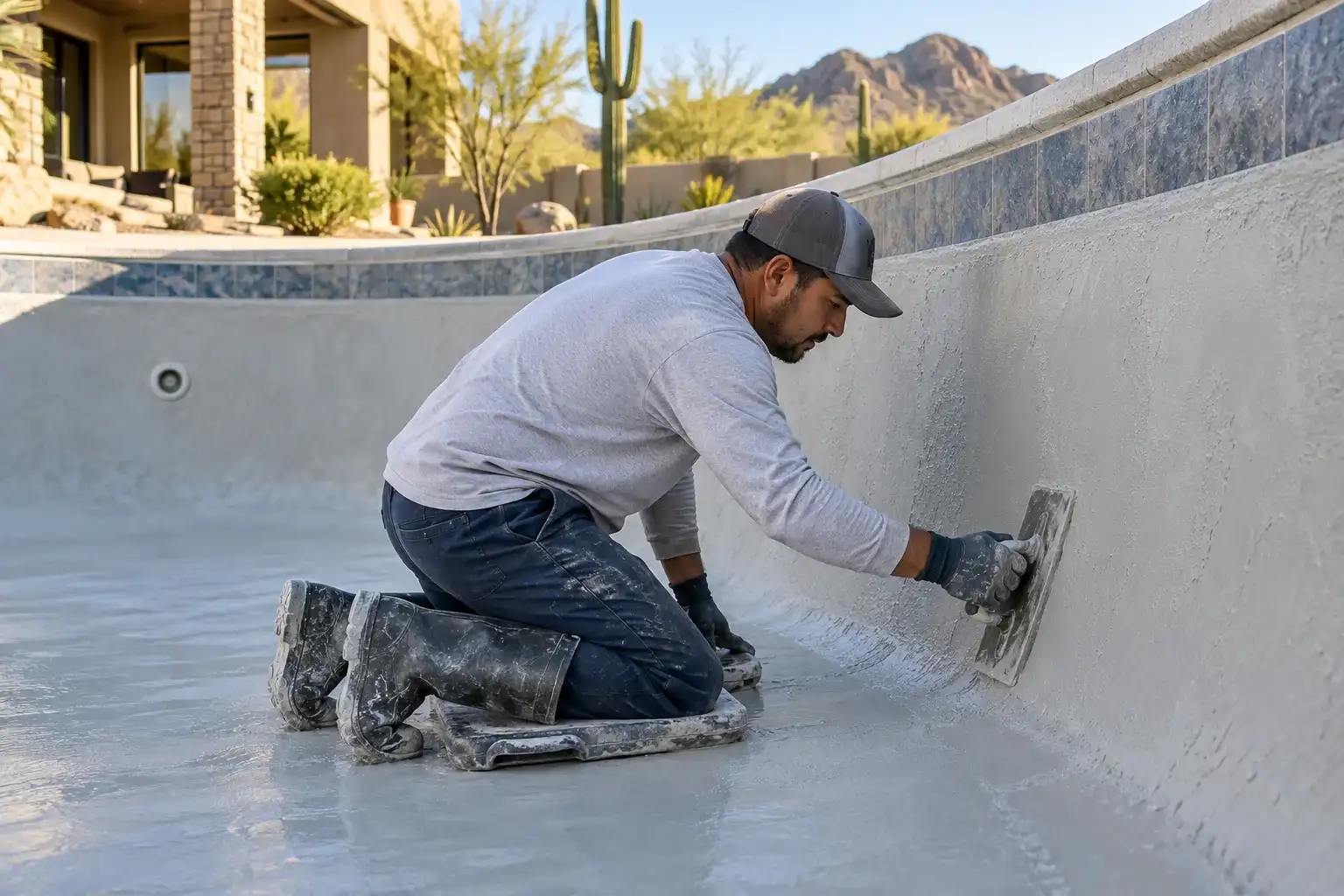 Worker kneeling in a drained pool, smoothing fresh white plaster with a trowel