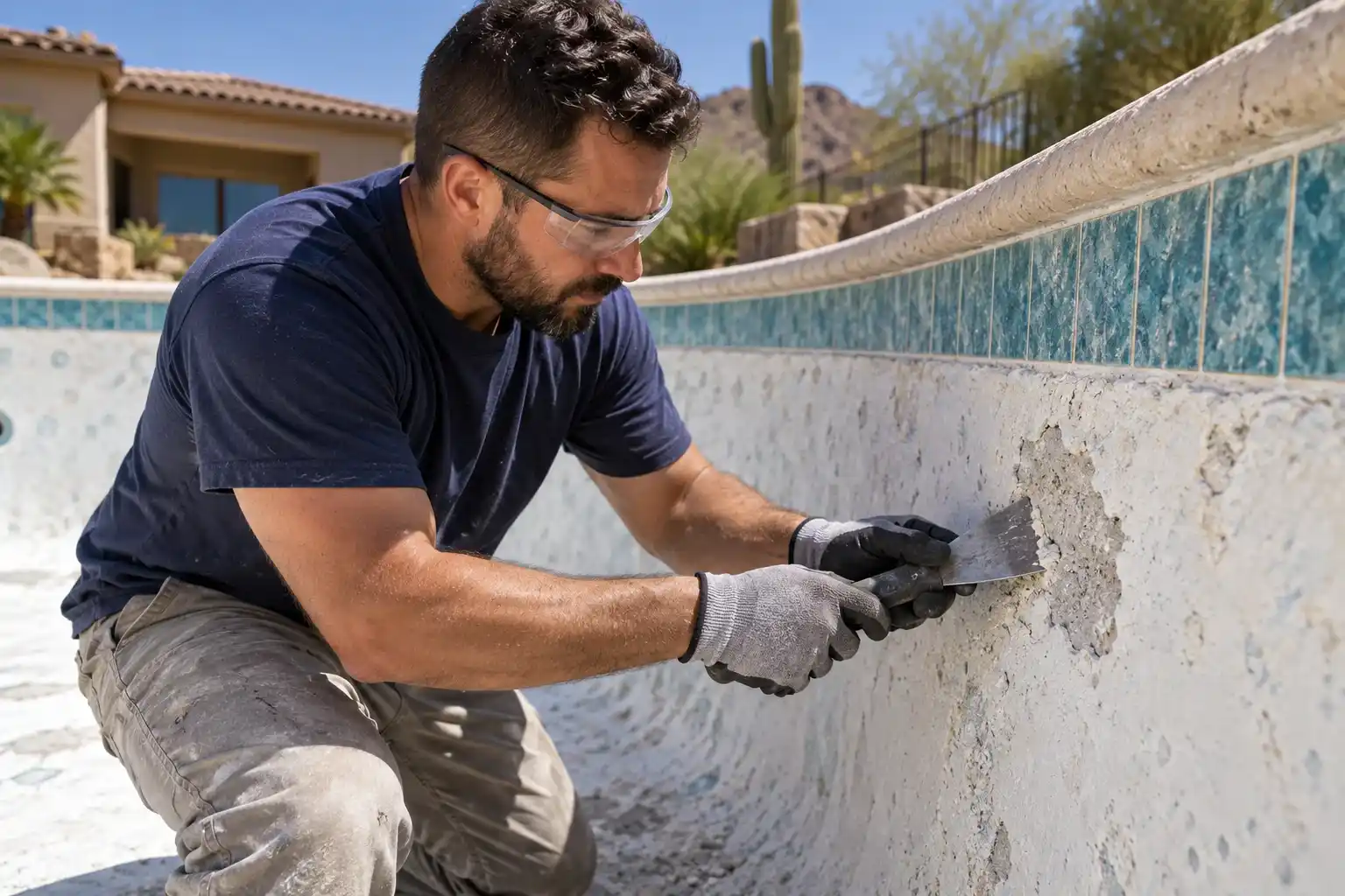 Worker scraping loose plaster off a pool wall below the waterline tile
