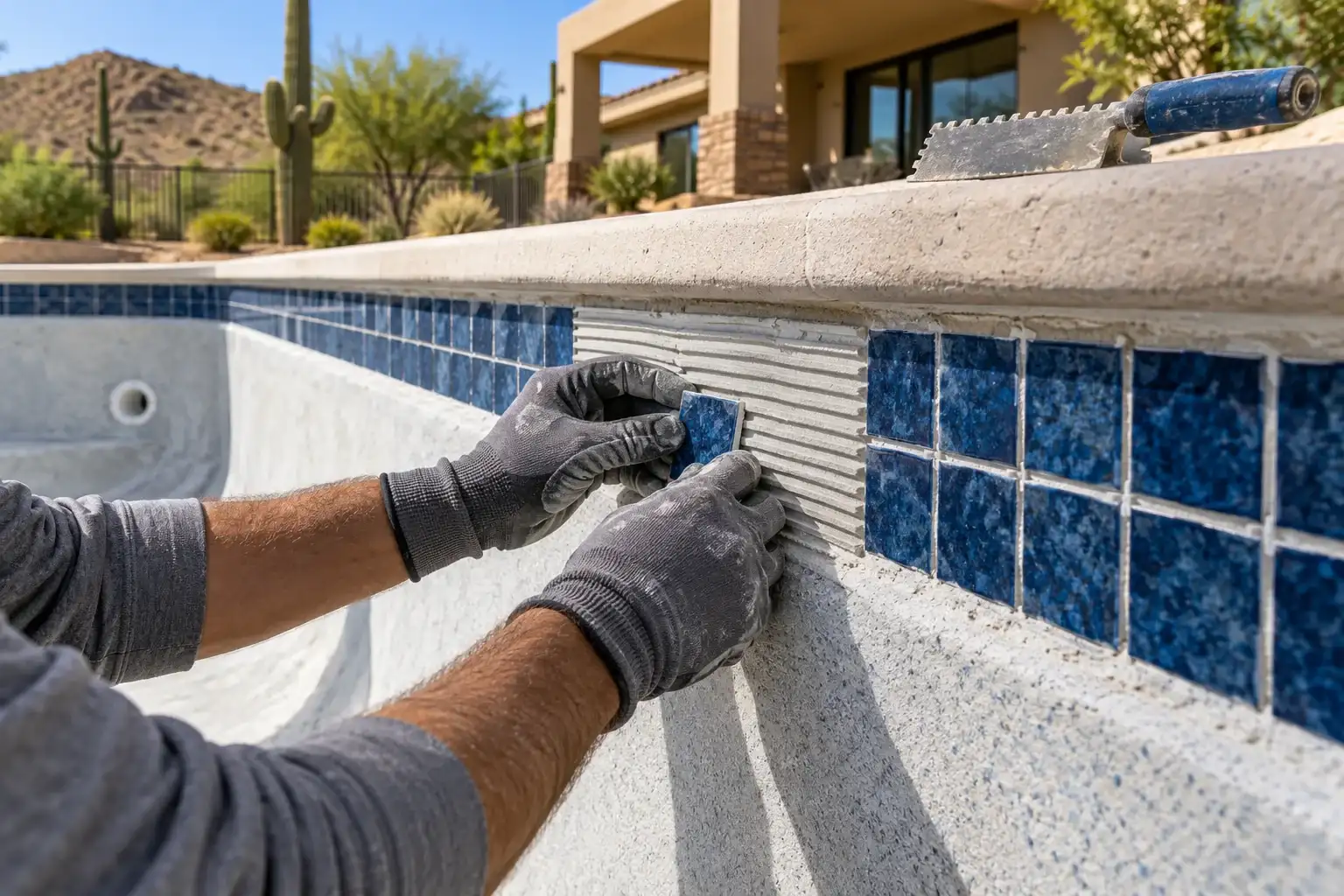 Gloved hands pressing a blue waterline tile into place along a pool wall