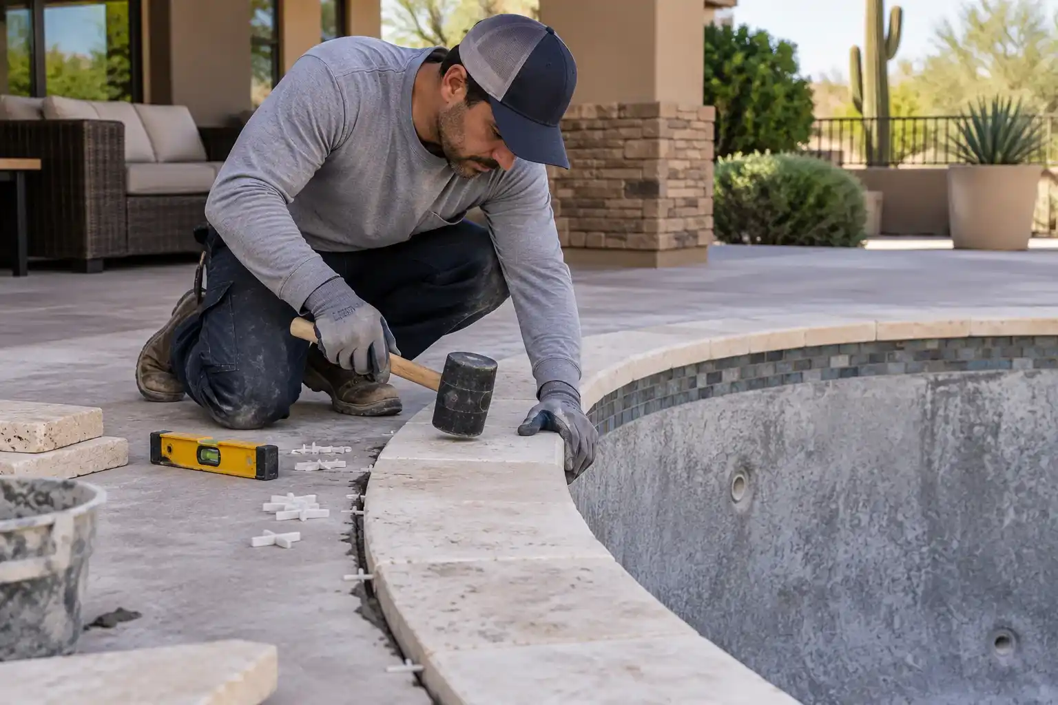 Worker setting a new stone coping piece along the curved edge of an empty pool