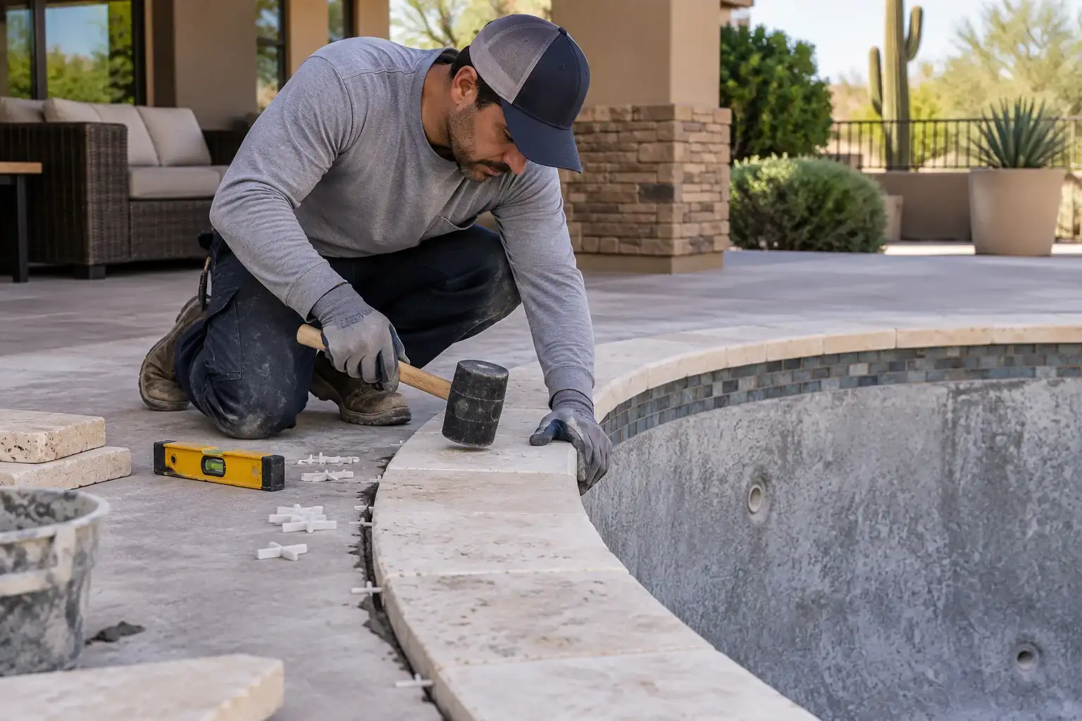 Worker setting a new stone coping piece along the curved edge of an empty pool