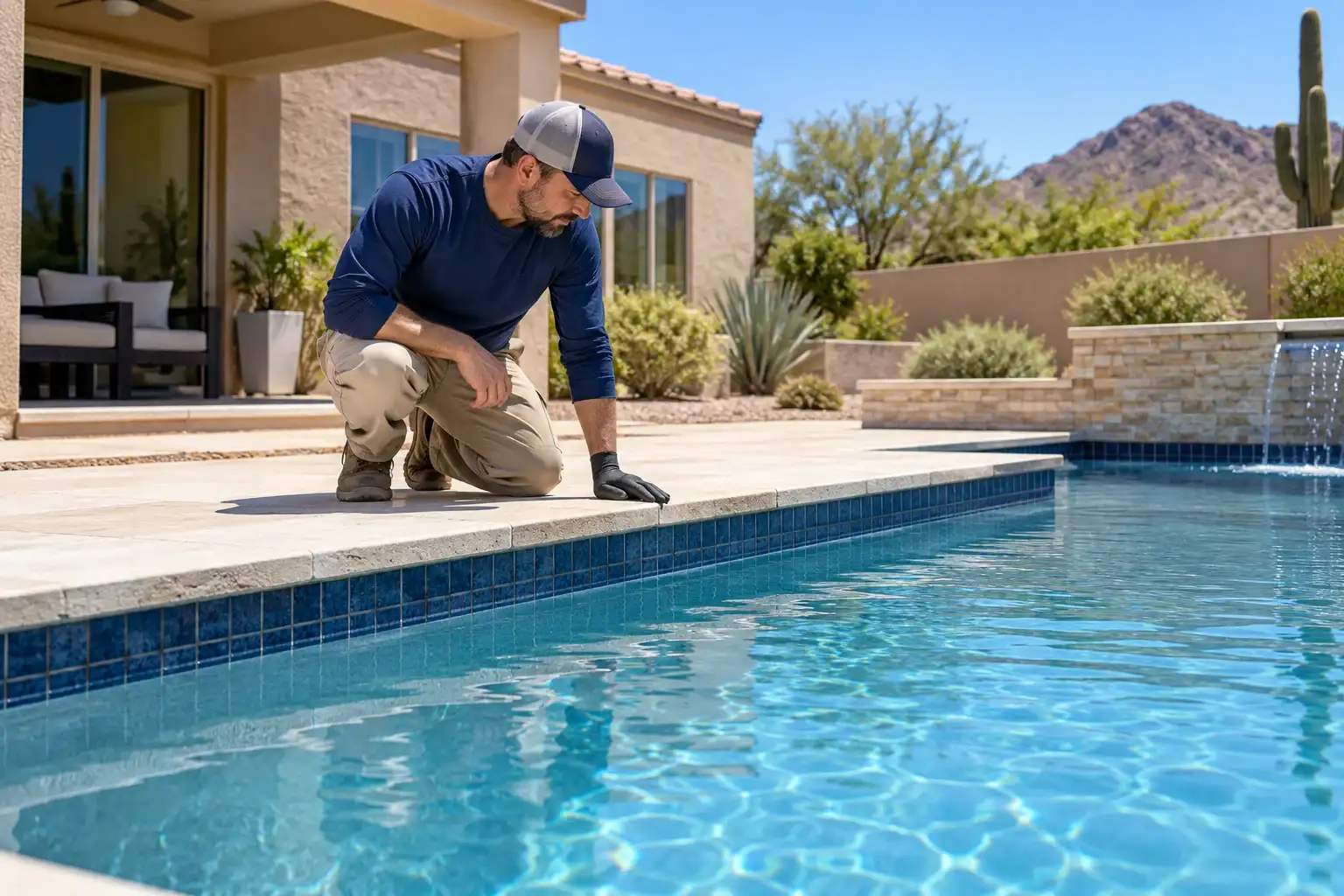 Worker kneeling at the edge of a filled pool, looking over the waterline tile
