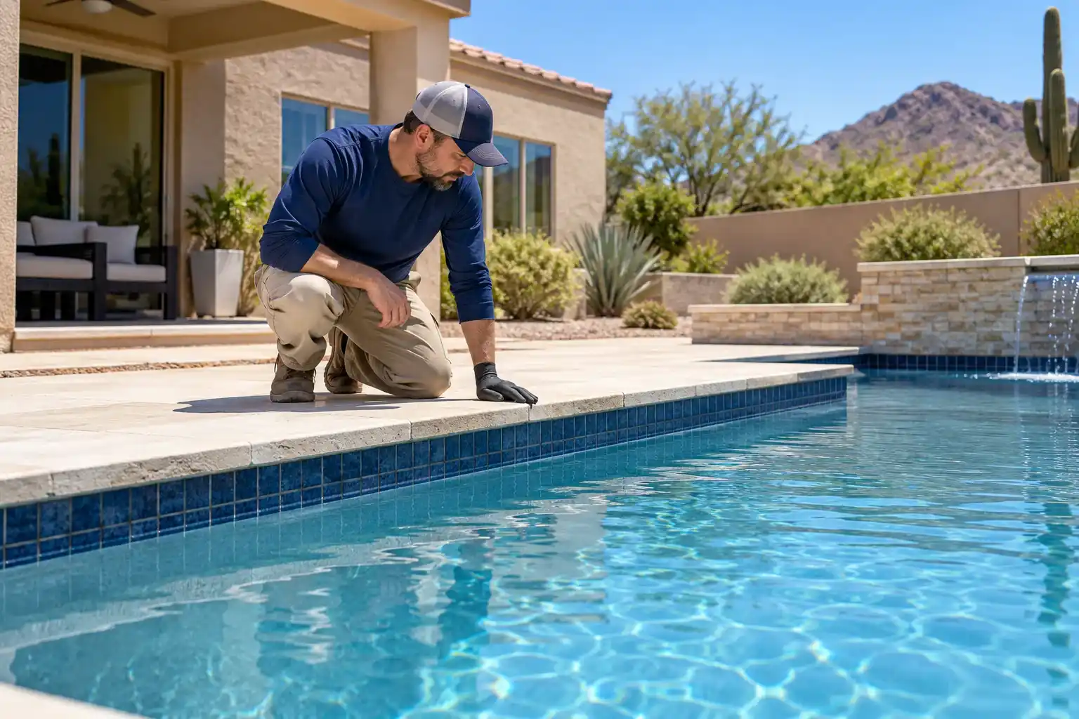 Worker kneeling at the edge of a filled pool, looking over the waterline tile