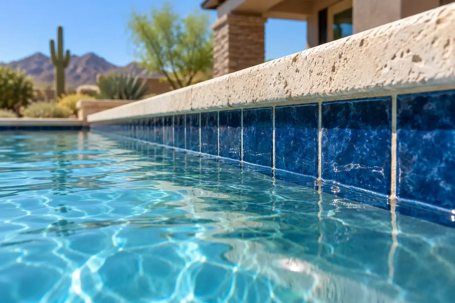Deep blue waterline tile under a stone coping along a pool, mountains behind