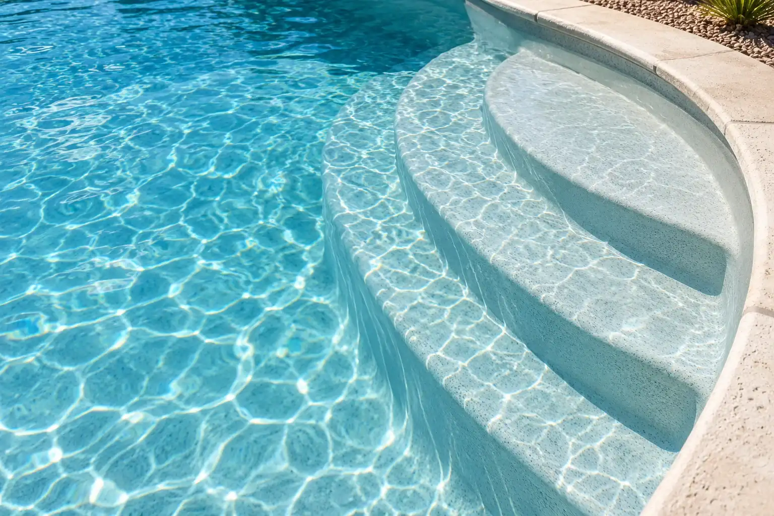 Curved pool entry steps with a smooth light finish under clear water