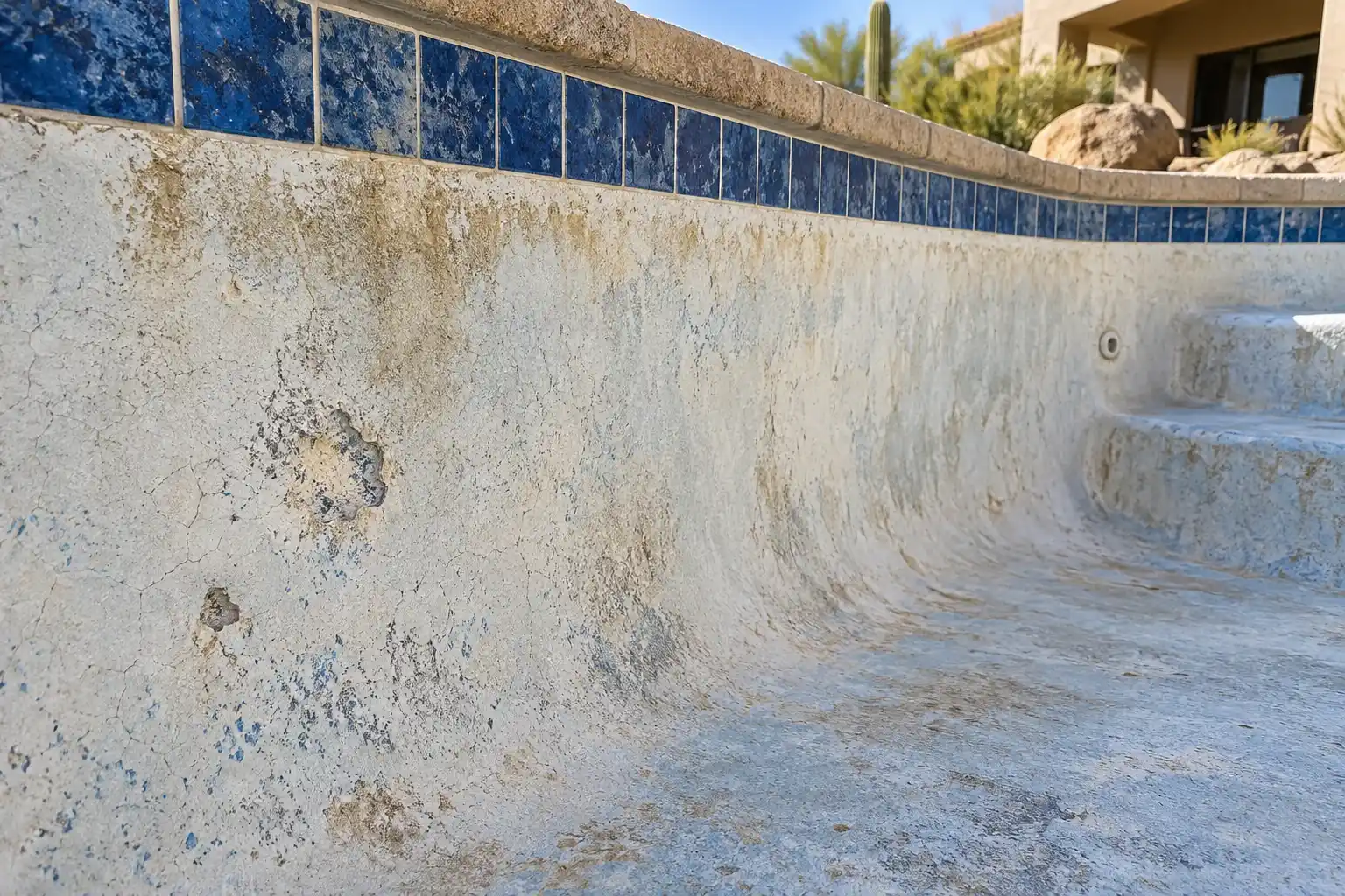 Worn, stained and blotchy plaster on the wall and steps of a drained pool