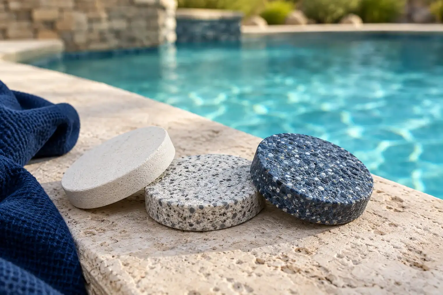 Three pool finish samples, white, speckled and pebble, on the stone edge of a pool