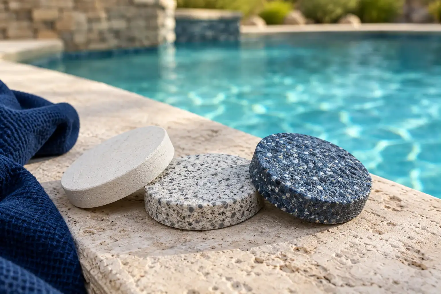 Three pool finish samples, white, speckled and pebble, on the stone edge of a pool