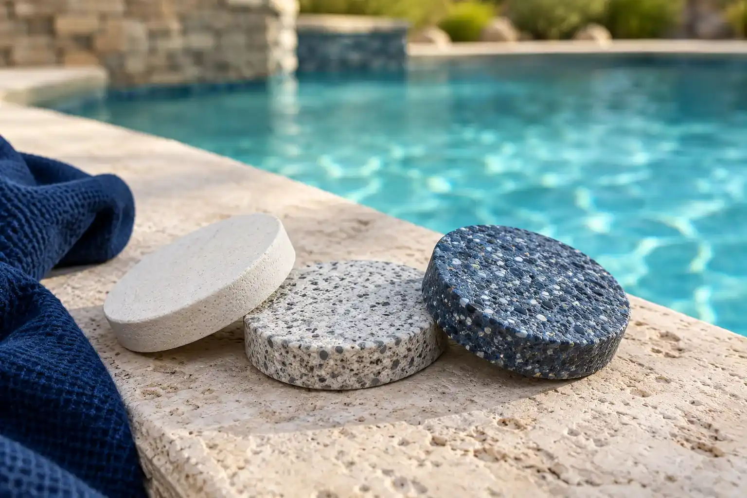 Three pool finish samples, white, speckled and pebble, on the stone edge of a pool