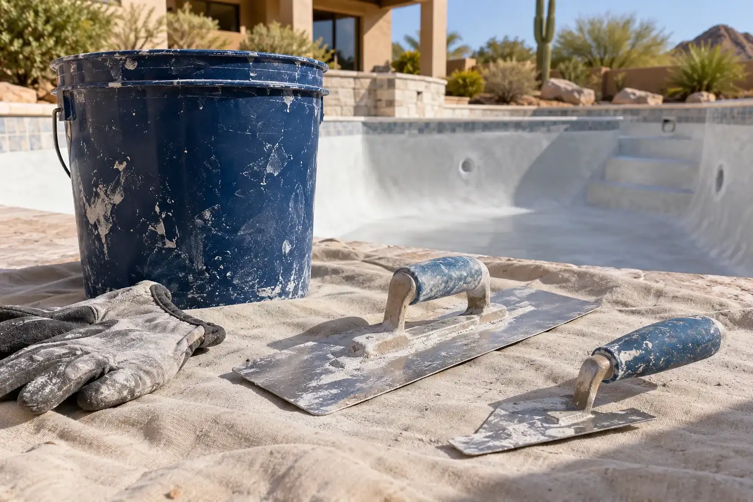 Plaster trowels, gloves and a bucket on the deck beside an empty pool