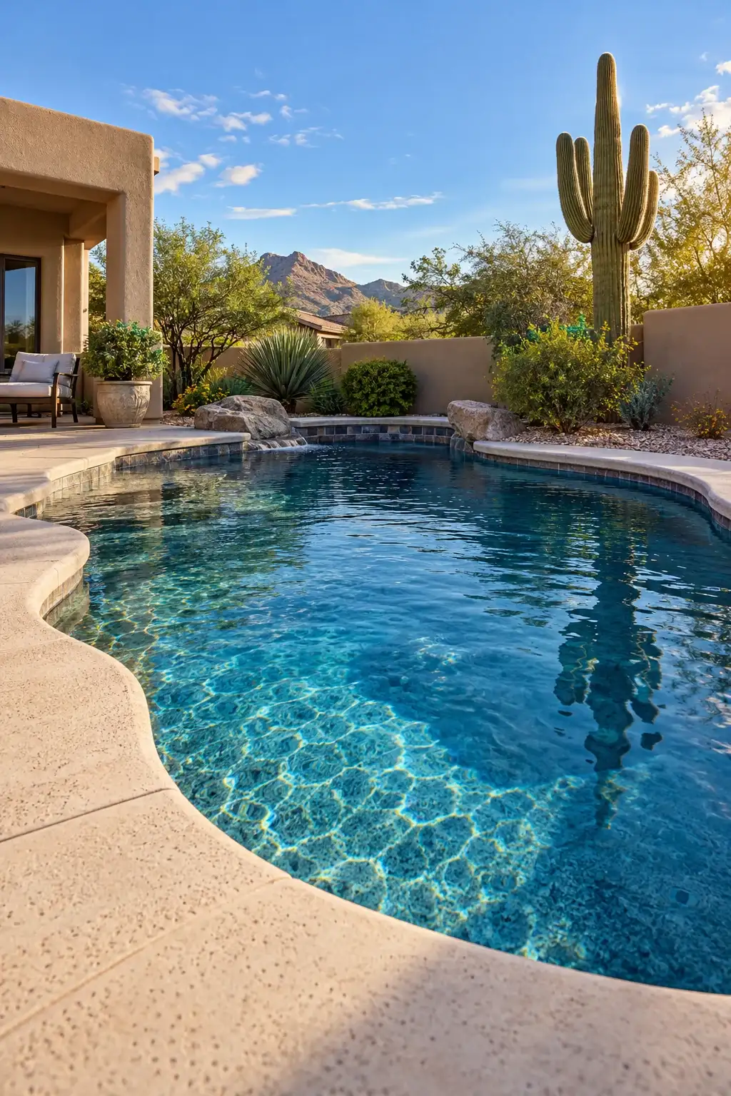 Freeform pool beside a desert home with a tall saguaro, seen from the deck