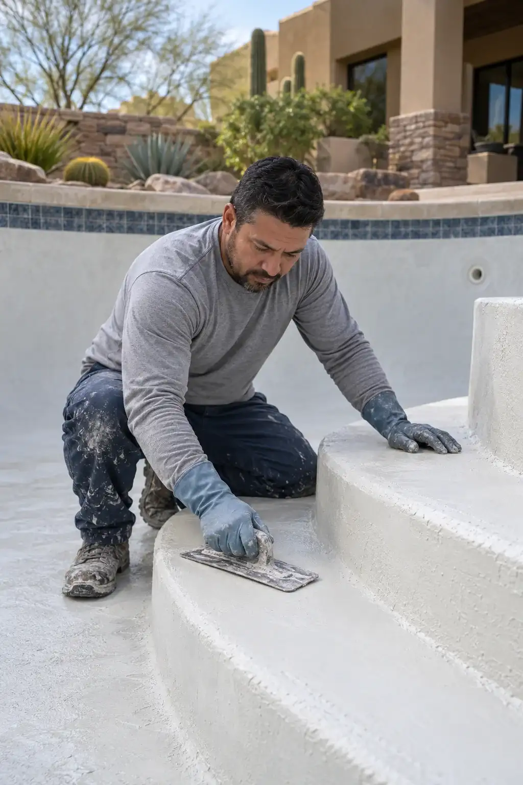 Worker kneeling on pool steps, troweling a fresh white plaster finish