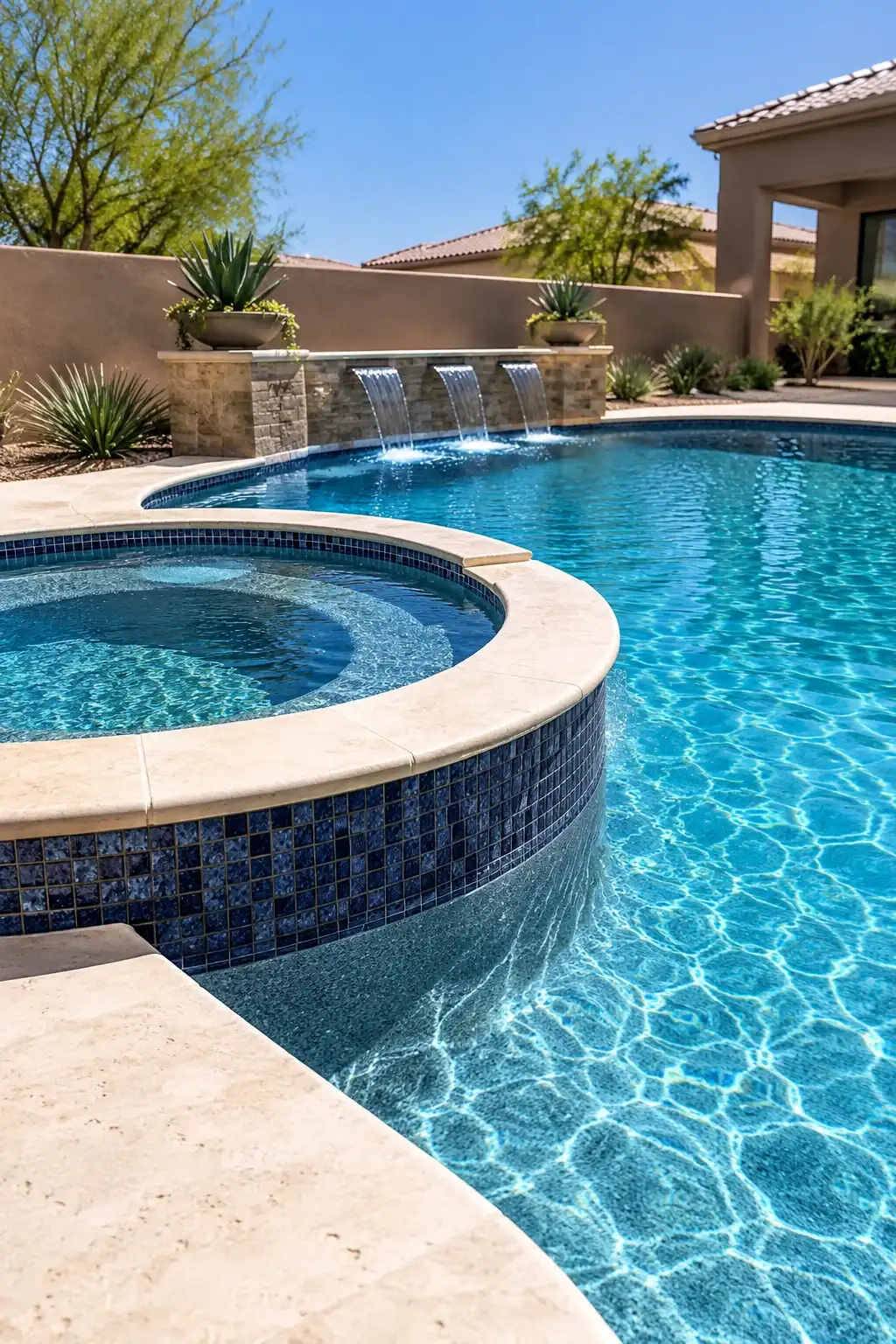 Raised spa with blue mosaic tile spilling into a bright blue pool