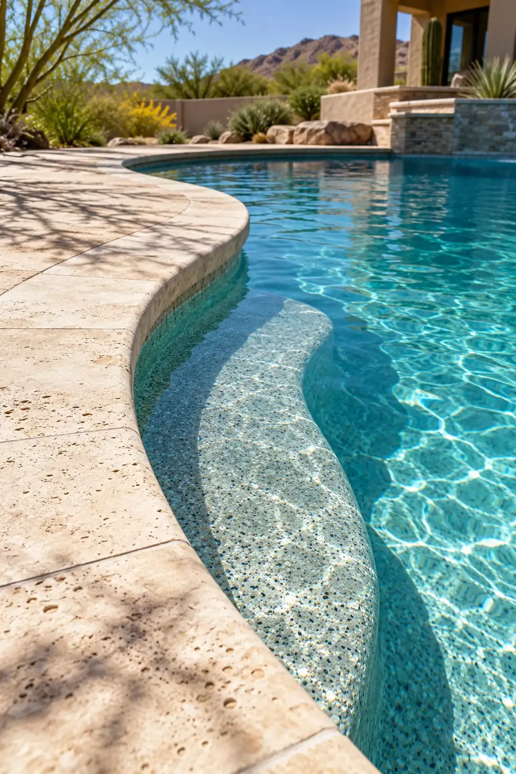 Stone coping curving along clear pool water over a light pebble finish